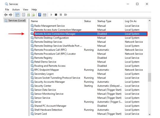 Scroll down to Remote Access Connection Manager and double click on it.