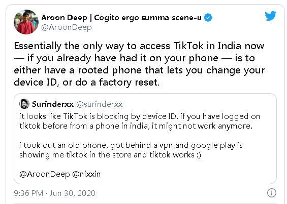it looks like TikTok is blocking by device ID. if you have logged on tiktok before from a phone in india, it might not work anymore.