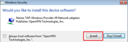 Confirm the following Windows security window by pressing “Install” so the network adapter can be set up.