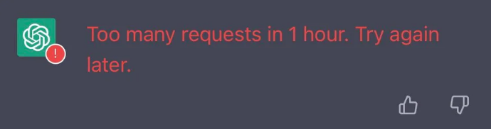 use vpn solve If you are receiving a "Too many requests in 1 hour" error message when using ChatGPT